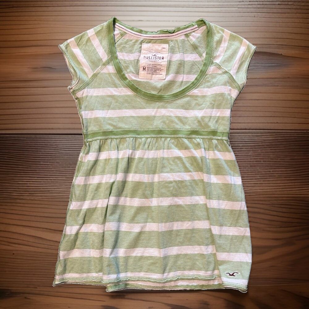 Y2K Hollister Sz M Green Stripe Babydoll Top Empire Waist Preppy Coastal 2000s